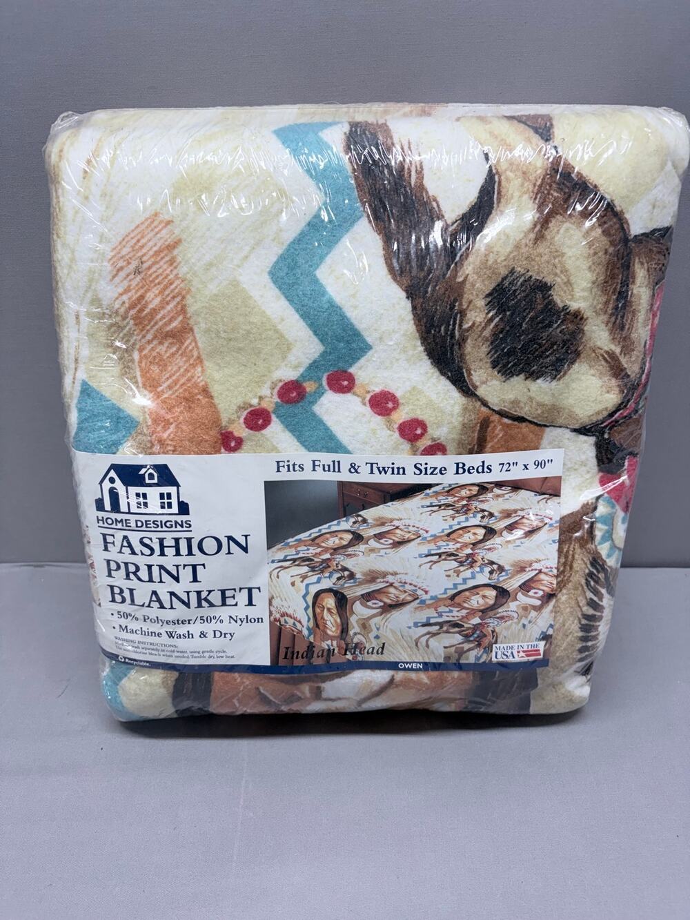 Vtg Owen Home Designs Indian Head Fashion Print Blanket Full Twin 72x90 NOS New